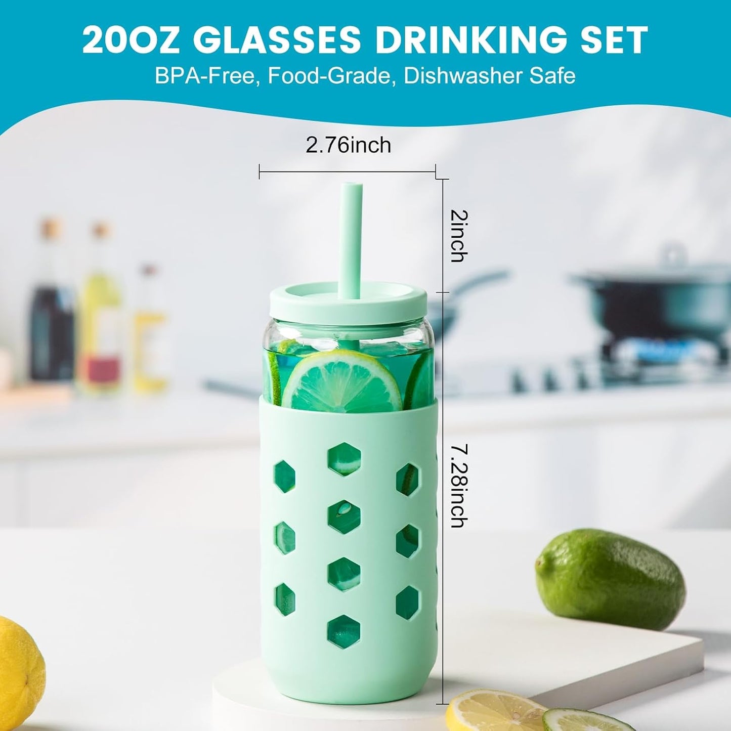Mrsdry Glass Cups with Lids and Straws (4 Pcs), 16oz Drinking Glasses Set with Silicone Sleeves for Coffee Bar Accessories Iced Coffee Cups with Lids, Glass Tumbler Reusable for Gifts