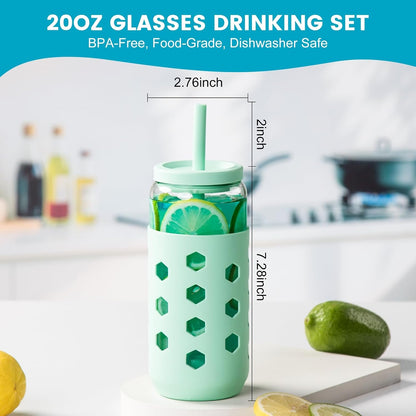 Mrsdry Glass Cups with Lids and Straws (4 Pcs), 16oz Drinking Glasses Set with Silicone Sleeves for Coffee Bar Accessories Iced Coffee Cups with Lids, Glass Tumbler Reusable for Gifts