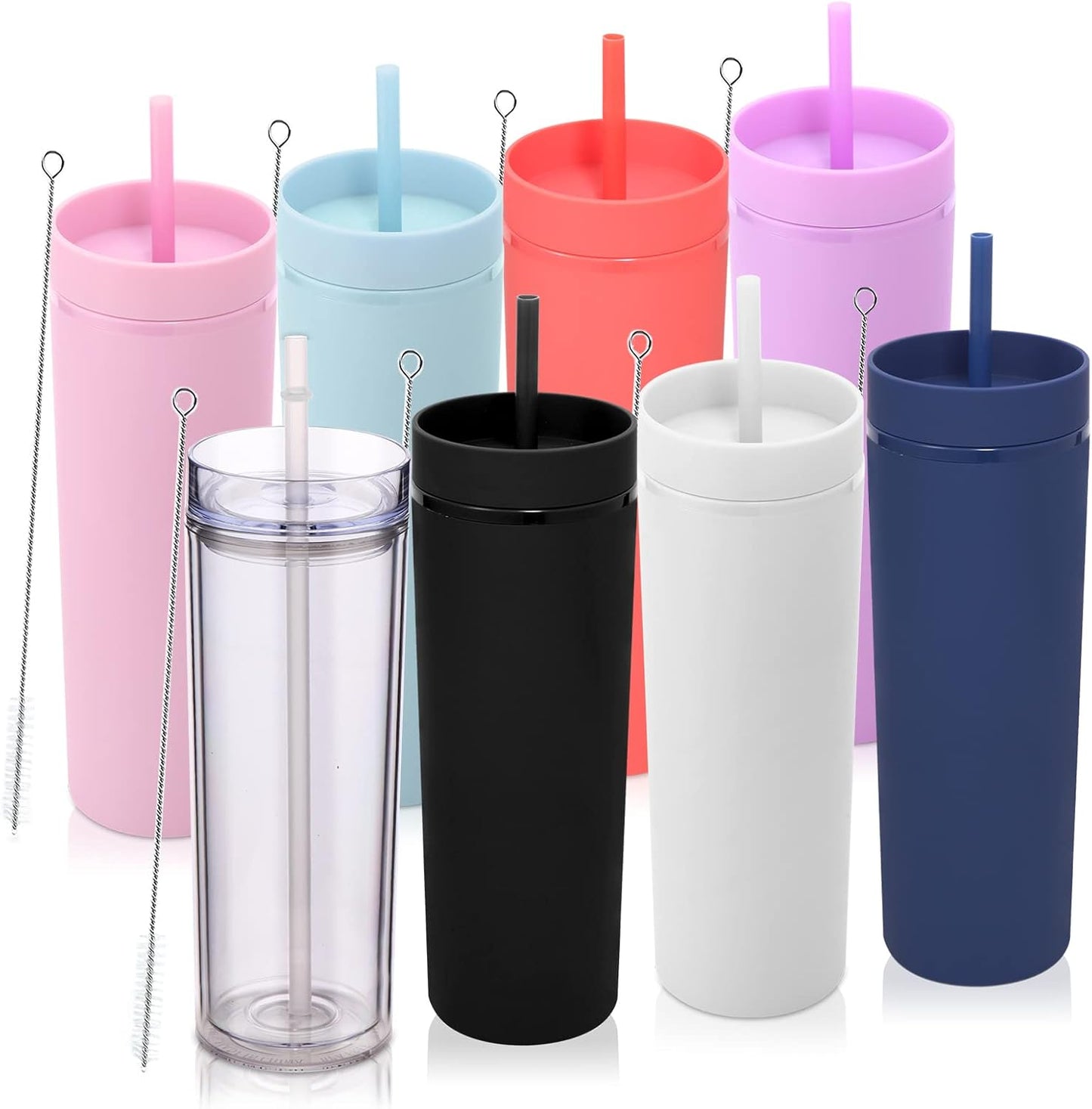Volhoply 20oz Plastic Skinny Tumbler,Double Wall Tumblers with Lid and Straw,Reusable Travel Iced Coffee Mug,BPA Free Matte Acrylic Water Cups With Straw for Parties,DIY Gifts(Clear,1 Set)