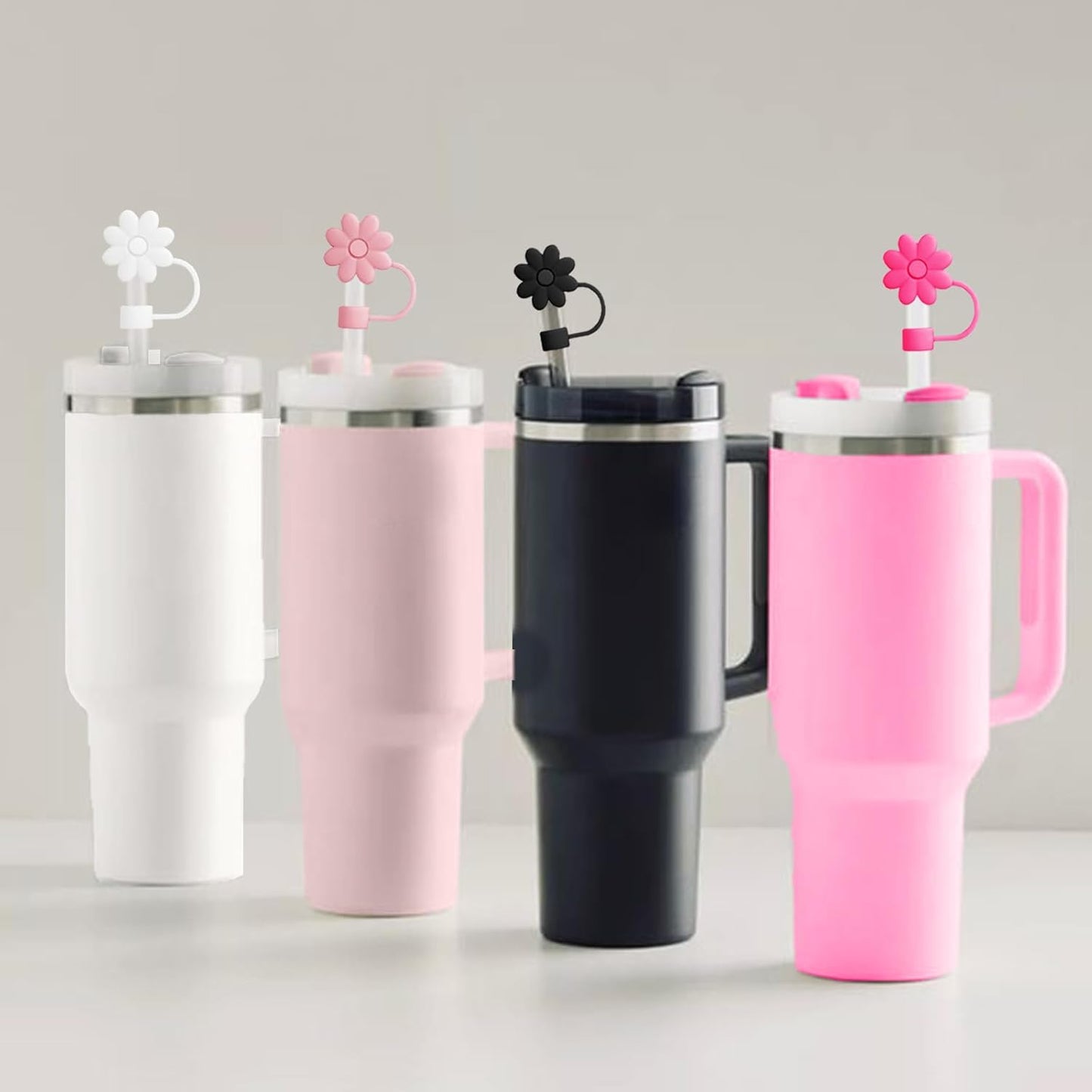 Flower Straw Covers Toppers for Stanley Cups 30&40 Oz Tumbler with Handle Accessories 4PCS Silicone Straw Caps Reusable Straws Tips Protectors for Stanley Cup 10mm 0.4in Straws,Off White