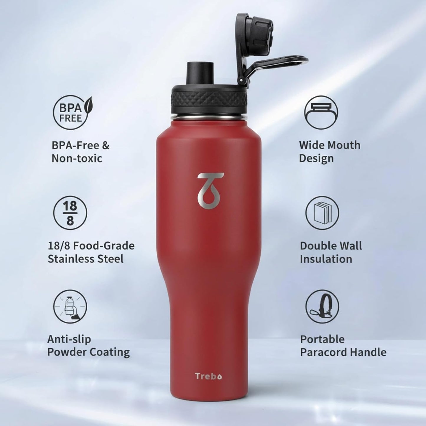Trebo 40 oz Water Bottle Insulated Fit Car Cup Holder with Handle, Stainless Steel Water Bottles Tumbler with Spout Straw Lids, Double Wall Travel Reusable Flask, Leakproof Mug,Keep Cold &Hot,Black