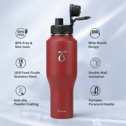 Trebo 40 oz Water Bottle Insulated Fit Car Cup Holder with Handle, Stainless Steel Water Bottles Tumbler with Spout Straw Lids, Double Wall Travel Reusable Flask, Leakproof Mug,Keep Cold &Hot,Black