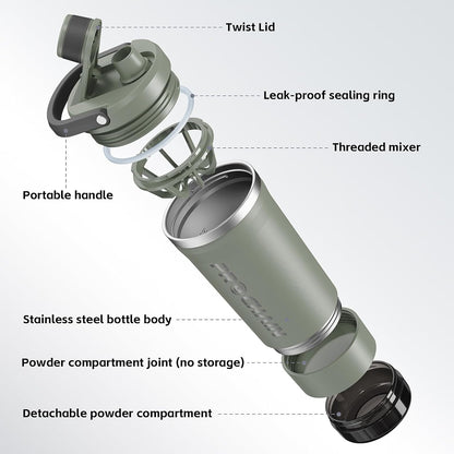 PROCHAIN Insulated Stainless Steel Shaker Bottle, Metal Shaker Cup for Protein Shakes with Storage, Leak-Proof Twist Lock Lid, Perfect for Gym Sports, 20 oz