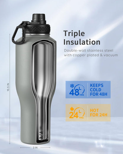 Trebo 40 oz Water Bottle Insulated Fit Car Cup Holder with Handle, Stainless Steel Water Bottles Tumbler with Spout Straw Lids, Double Wall Travel Reusable Flask, Leakproof Mug,Keep Cold &Hot,Black