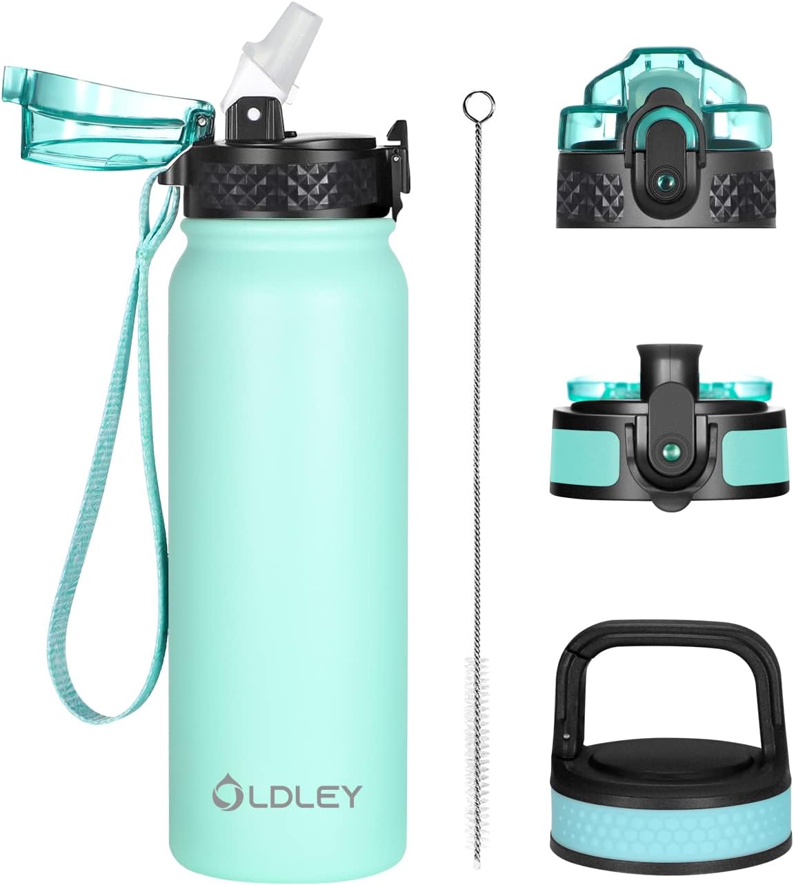 Oldley Insulated Water Bottle 20oz for Adults Kids Stainless Steel Water Bottles with Straw/Chug/Carabiner 3 Lids Fruit Strainer Double Wall Vacuum Wide Mouth BPA Free Leak-Proof for School Travel