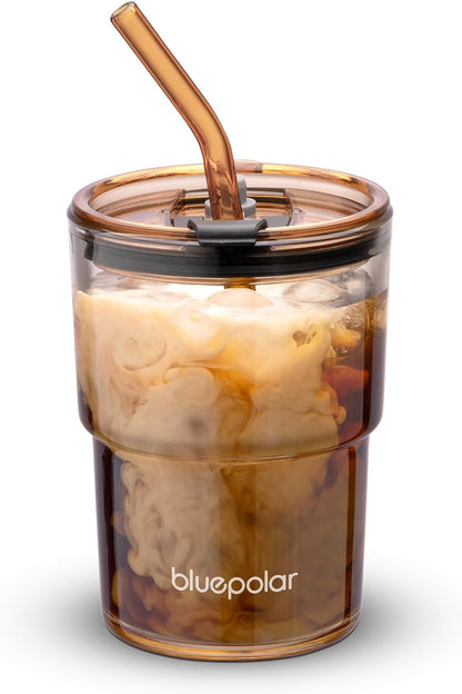 BLUEPOLAR 13oz/400ml Glass Water Tumbler with Straw and Lid Sealed Carry On Thick Wall Iced Coffee Cup Glass Cup for Water, Iced Tea Fruit Juice Etc (White-2Pack)