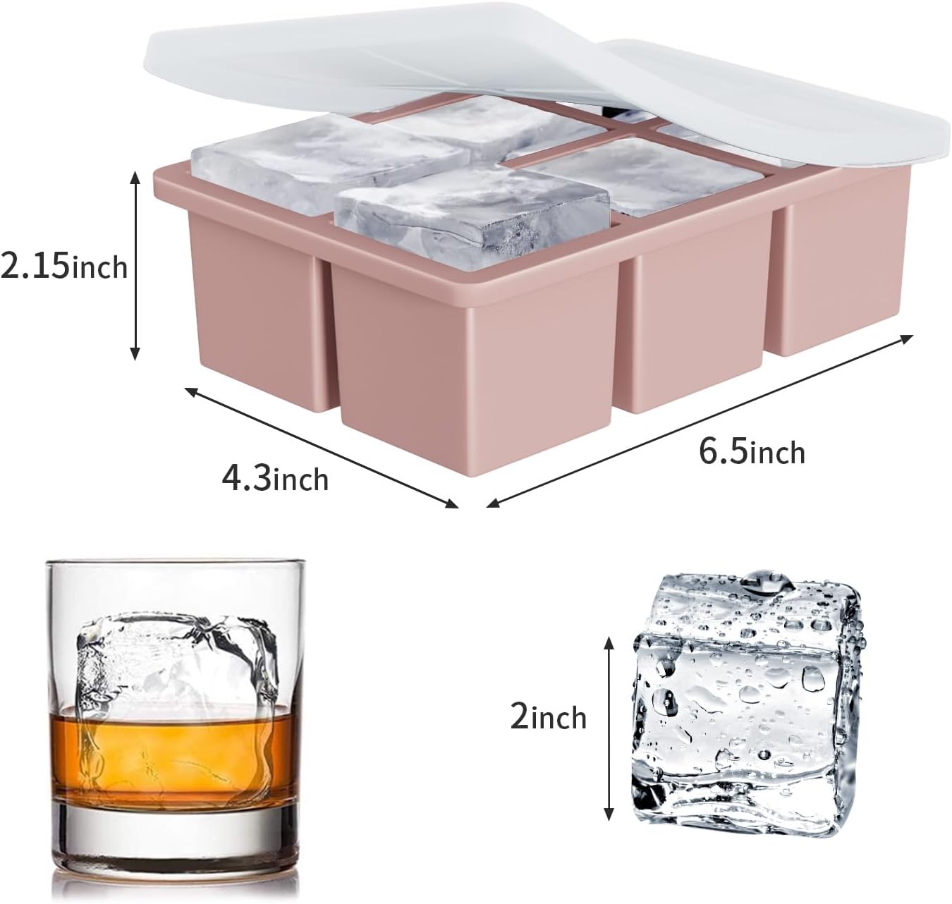 Large Ice Cube Tray for Whiskey: FDDBI Silicone Ice Cube Trays with Lid - 2Pack Big Square Old Fashioned Ice Cube Maker for Cocktail - 2inch Huge Cubed Ice Trays for Whisky