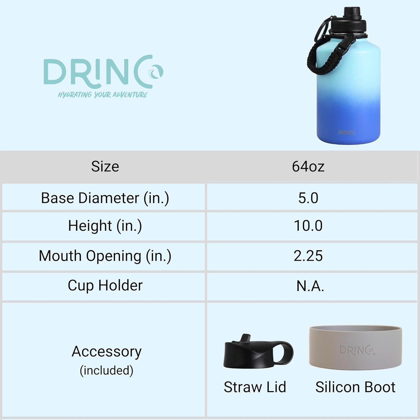 Drinco Stainless Steel Water Bottle Spout Lid Vacuum Insulated Double Wall Water Bottle Wide Mouth (40oz 32oz 22oz 18oz 14oz) Leak Proof Keep Cold Sport Camping Hiking (22 oz, 22oz Black)