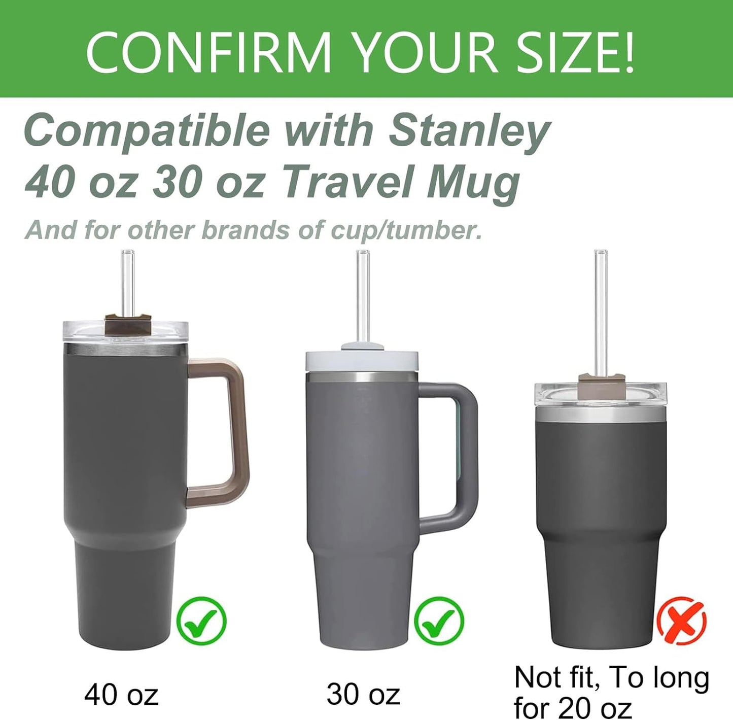 12" Glass Straw for Stanley 40 oz Cup Tumbler, Replacement Stanley Straw, 6 Pack Clear Glass Straw with Cleaning Brush, Reusable Stanley Cup Accesspries