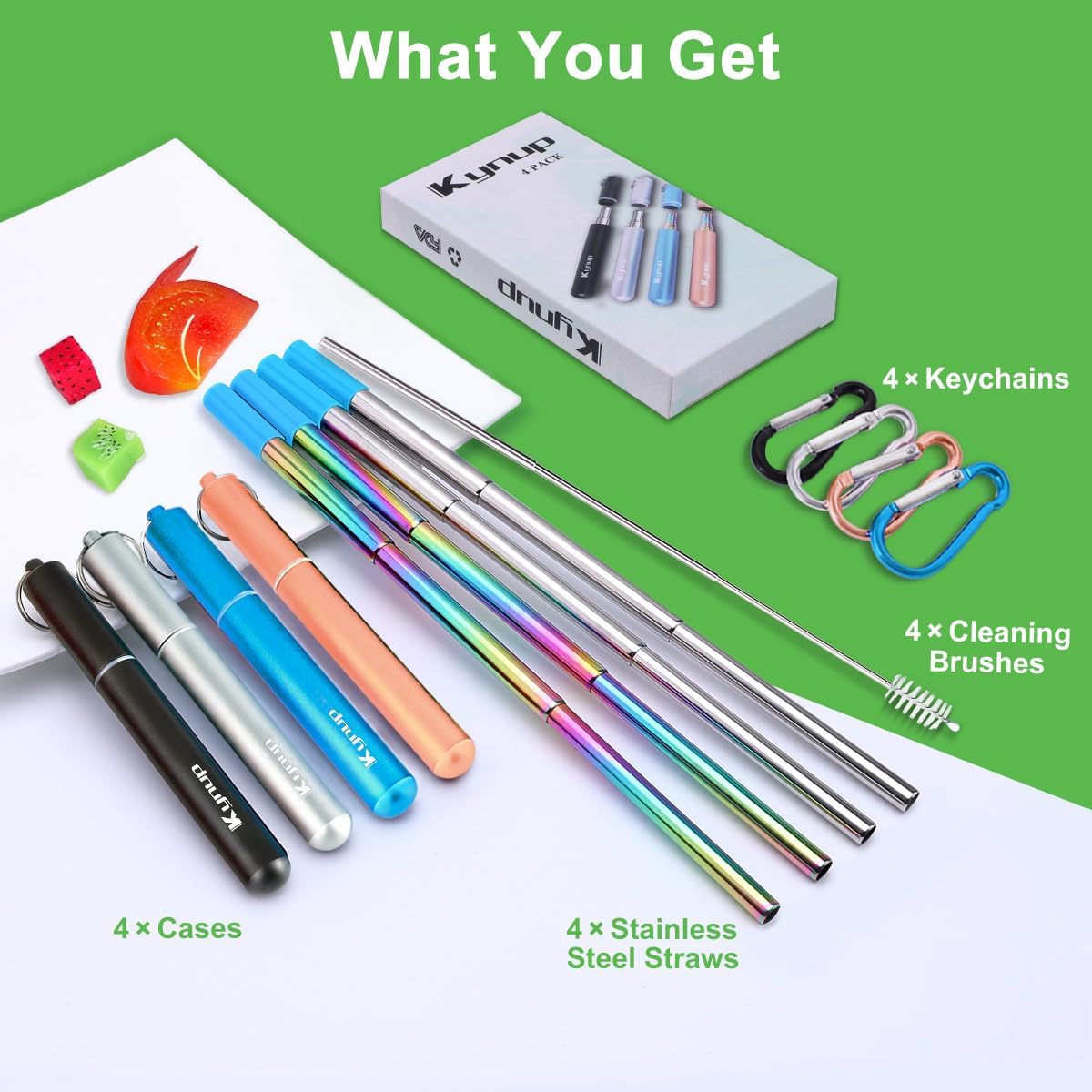 Kynup 4Packs Reusable Straws, Metal Straw with Silicon, Travel Drinking Straws with Case, Keychain, Cleaning Brushes, Silicon Pcs Perfect for Travel, Gifts (20 PCS) Blue-Black-Silver-Turquoise