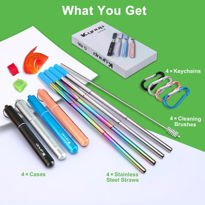 Kynup 4Packs Reusable Straws, Metal Straw with Silicon, Travel Drinking Straws with Case, Keychain, Cleaning Brushes, Silicon Pcs Perfect for Travel, Gifts (20 PCS) Blue-Black-Silver-Turquoise
