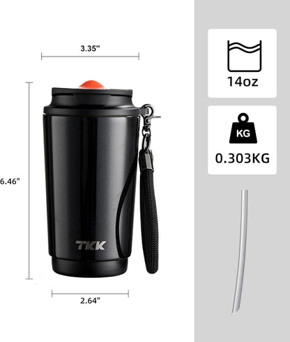 TKK Coffee Cup with Ceramic Coating - 14oz Insulated Stainless Steel Travel Mug, Leak-Proof Tumblers with Straw for Hot/Cold Beverages, Easy Wide Mouth Cleaning, White