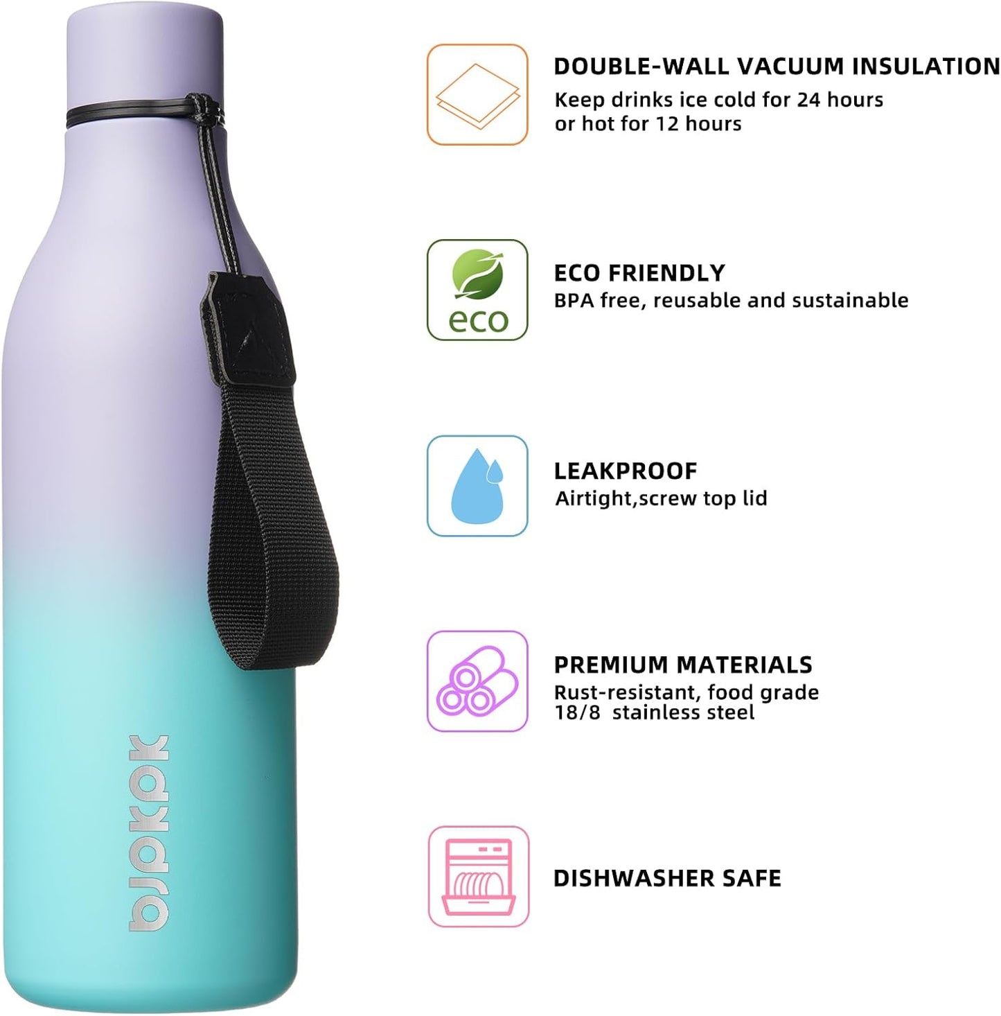 BJPKPK Insulated Water Bottles, 18 oz Stainless Steel Metal Water Bottle with Strap, BPA Free Leak Proof Jugs, Mugs, Flasks, Reusable Thermal Flasks for Sports & Travel, Black - Colors A