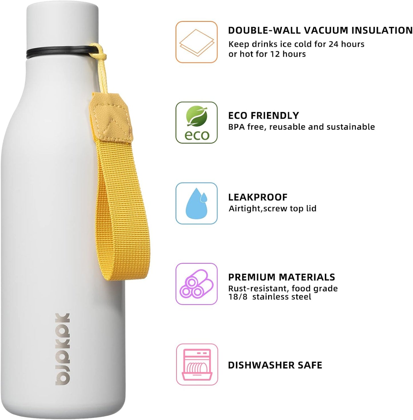 BJPKPK Insulated Water Bottles, 18 oz Stainless Steel Metal Water Bottle with Strap, BPA Free Leak Proof Jugs, Mugs, Flasks, Reusable Thermal Flasks for Sports & Travel, Black - Colors B