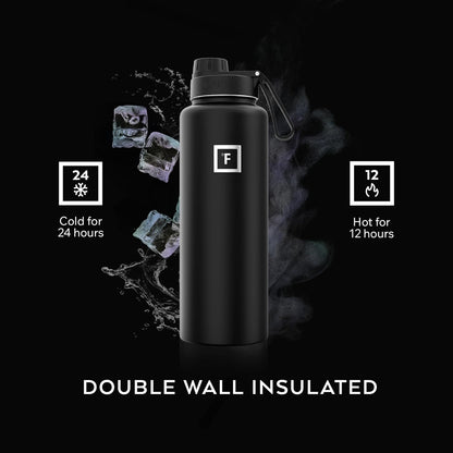 IRON °FLASK Camping & Hiking Hydration Flask with Straw, Wide Mouth Insulated Stainless Steel Sports Water Bottle - 40 oz Midnight Black