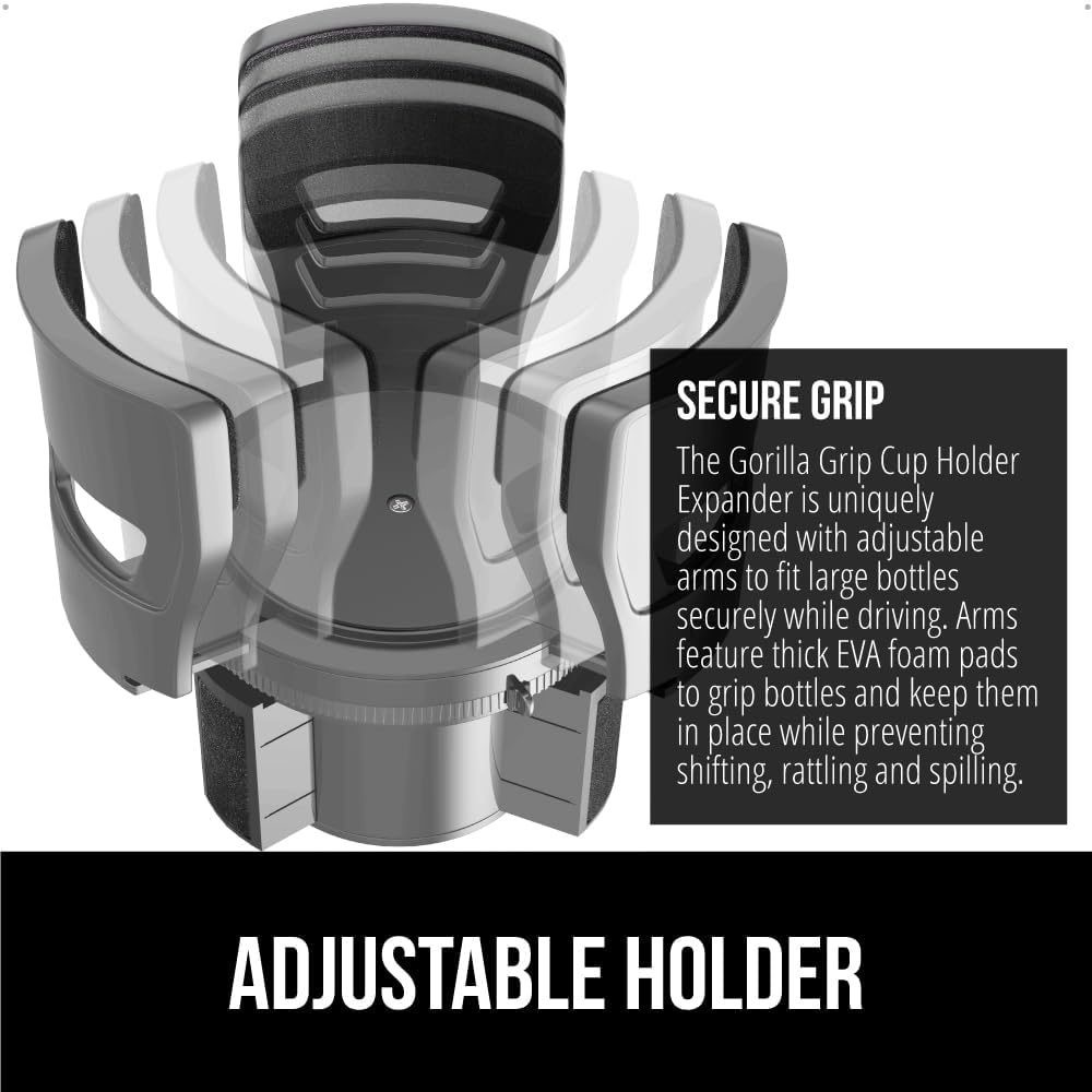 GORILLA GRIP Patent Pending Adjustable Car Cup Holder Expander, Keeps Water Bottle Secure, Expands to Fit 18 to 48 oz Large Bottles, Yeti, Owala, Stanley with Handle, Coffee Mug Insert for Cars, Black