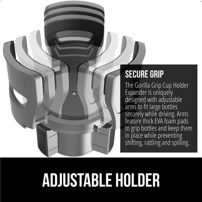 GORILLA GRIP Patent Pending Adjustable Car Cup Holder Expander, Keeps Water Bottle Secure, Expands to Fit 18 to 48 oz Large Bottles, Yeti, Owala, Stanley with Handle, Coffee Mug Insert for Cars, Black