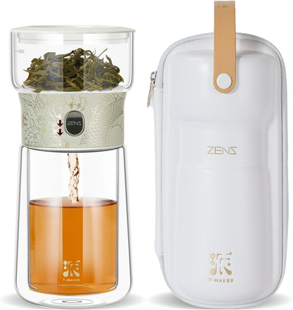 ZENS Modern Glass Infuser Teapot, One Touch Tea Maker for Loose Leaf Tea with Insulated Mug and Portable Case. Enchanted Pot Alternatives for Tea Lover Gifts
