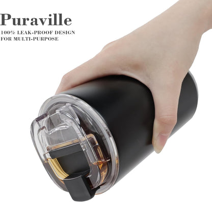 Puraville Insulated Tumblers with Lid, 14 oz Travel Coffee Mug Stainless Steel Vacuum Cup, Leak Proof Reusable Double Walled Coffee Tumbler for Iced and Hot Drinks, Cream