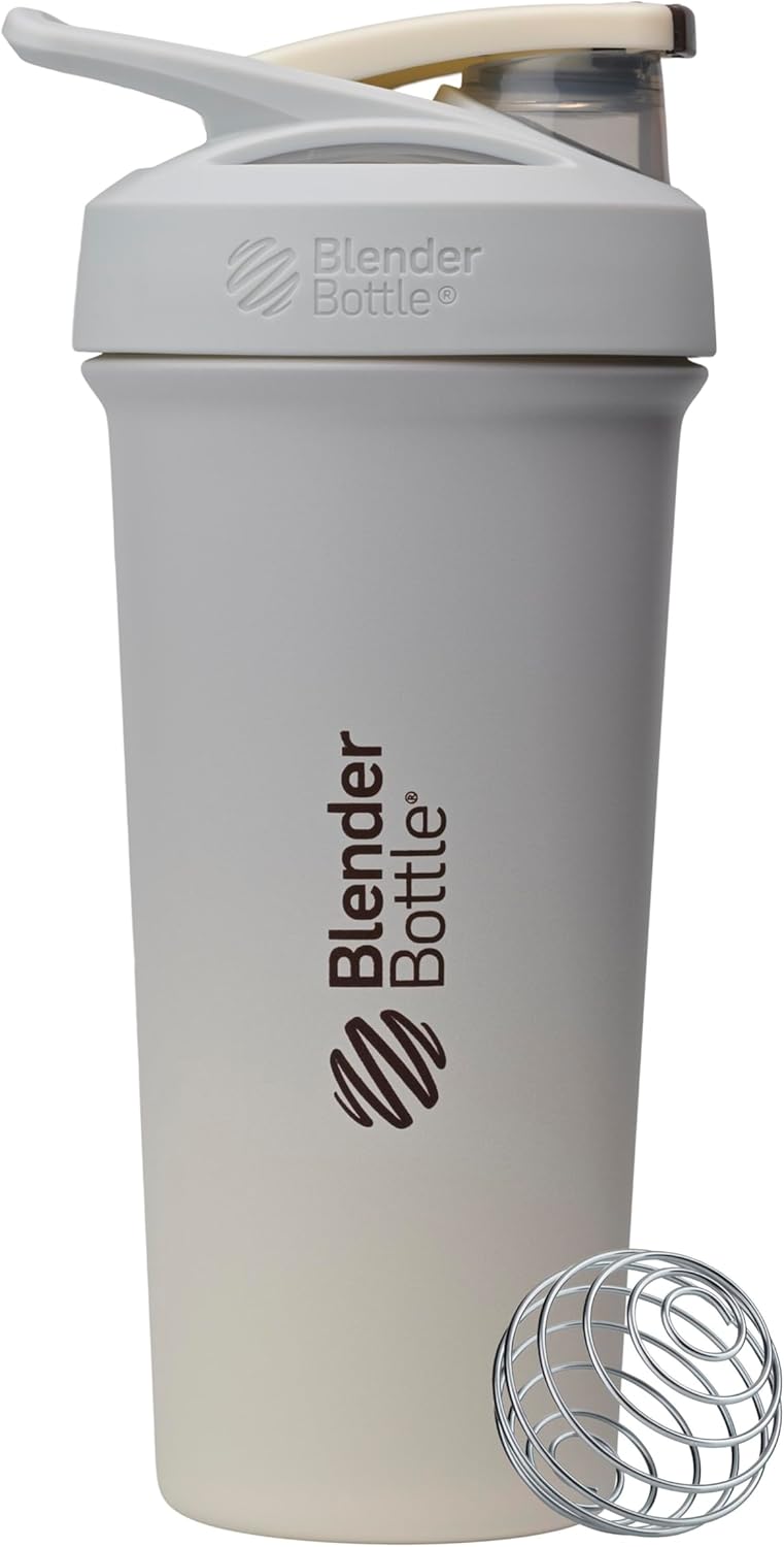 BlenderBottle Strada Shaker Cup Insulated Stainless Steel Water Bottle with Wire Whisk, 24-Ounce, White