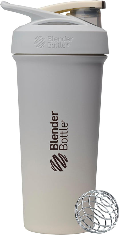 BlenderBottle Strada Shaker Cup Insulated Stainless Steel Water Bottle with Wire Whisk, 24-Ounce, White