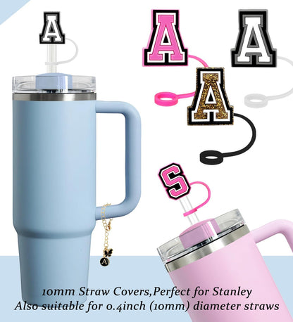 （3 +3) 3PCS Nuozme Straw Cover 10mm For Stanley Tumbler Cup Reusable Straw Cap Topper with 3 Initial Letter Charms Accessories Name ID Personalized Handle Charm For Stanley 30&40 Oz Cup Tumbler - Colors A