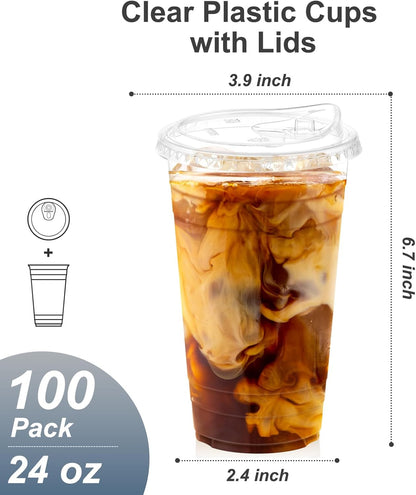 Dealusy 100 Pack - 16 oz Clear Plastic Cups with Lids, Sturdy & Food Safe Iced Coffee Cups with lids, Disposable Plastic Smoothie Cups for Cold Drinks, Sip Lids