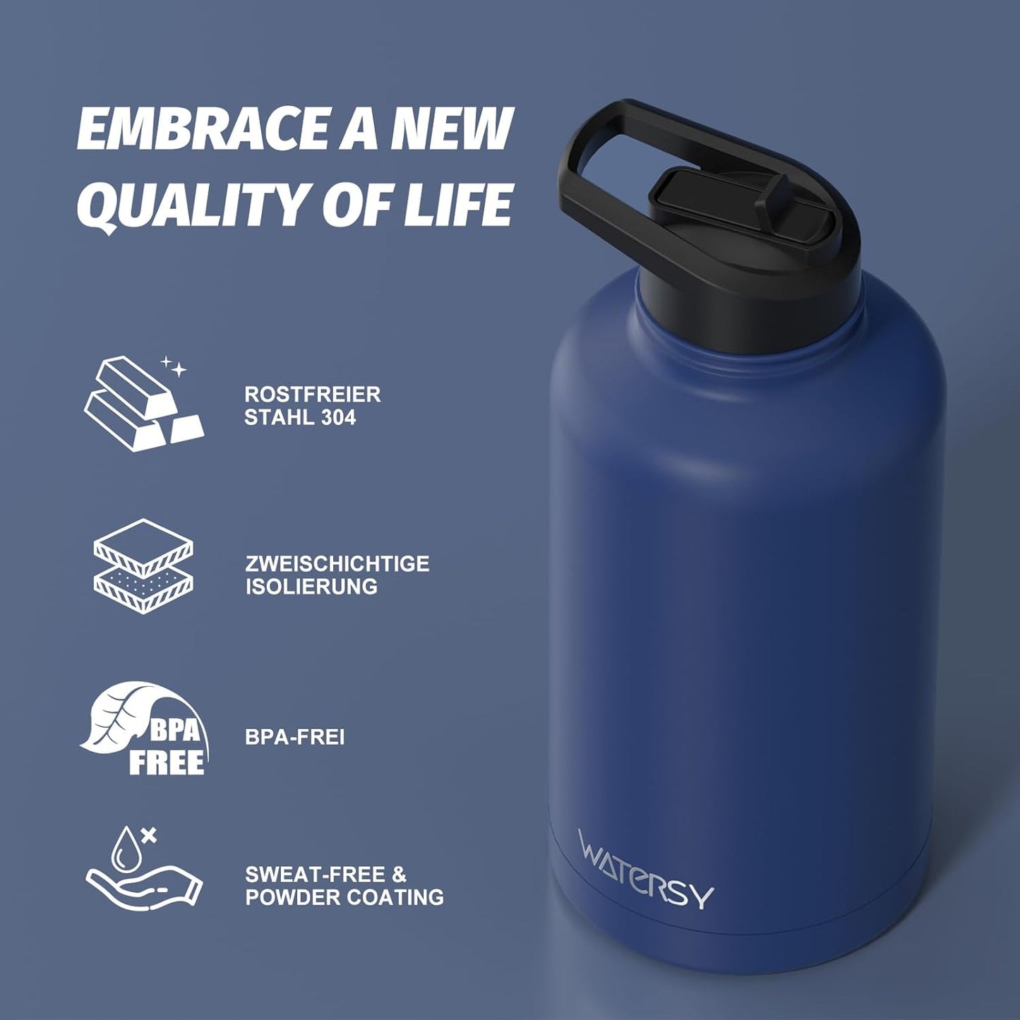 40oz Insulated Water Bottle (Cold for 48 Hrs),BPA Free&Leak Proof,Stainless Steel Water Flask,Water Jug with Straw Spout Lids for Gym,Hiking,Travel,Black Blue