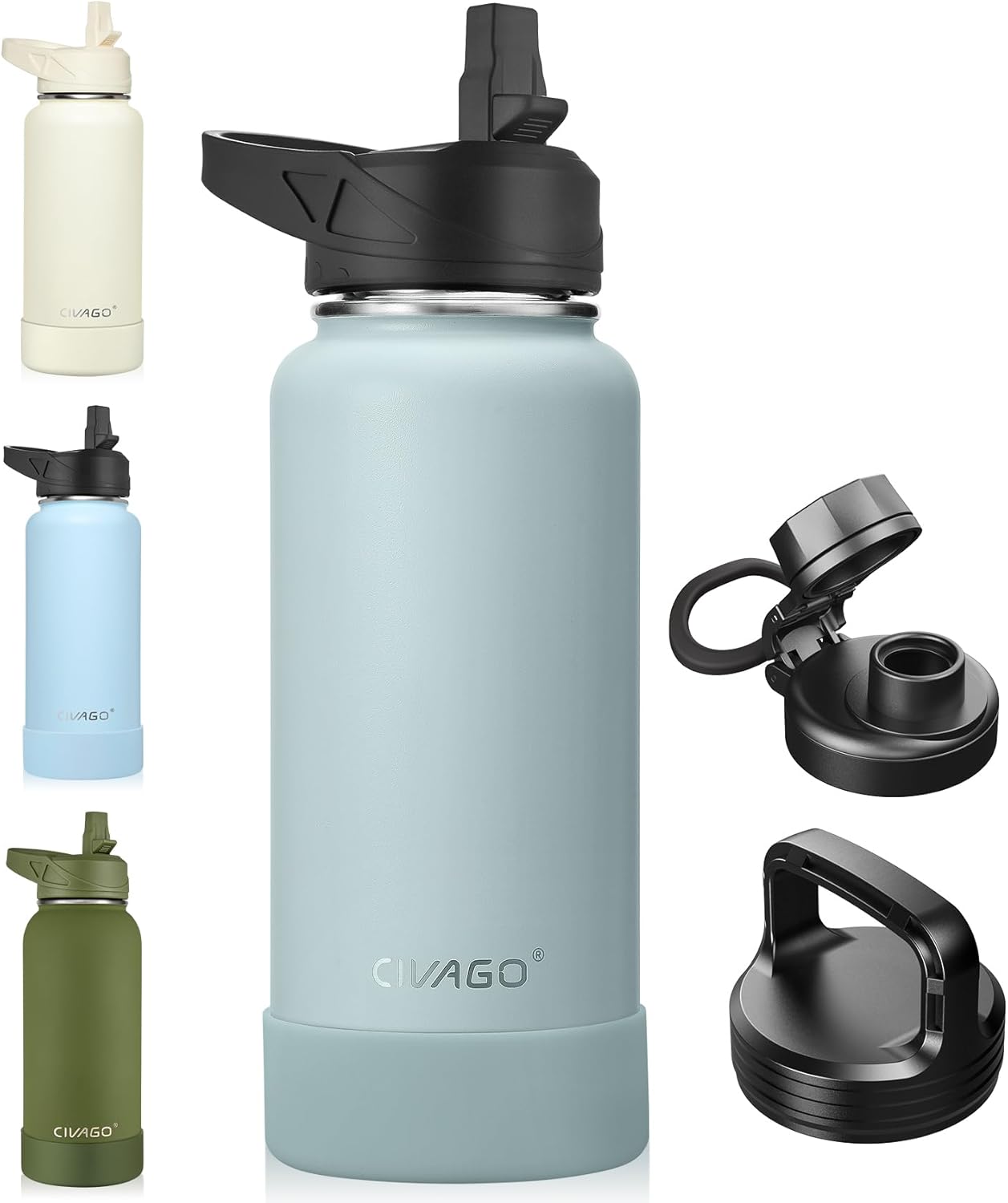 CIVAGO 32 oz Insulated Water Bottle With Straw, Stainless Steel Sports Water Cup Flask with 3 Lids (Straw, Spout and Handle Lid), Wide Mouth Travel Thermal Mug, Black