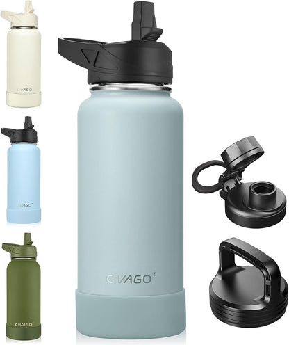 CIVAGO 32 oz Insulated Water Bottle With Straw, Stainless Steel Sports Water Cup Flask with 3 Lids (Straw, Spout and Handle Lid), Wide Mouth Travel Thermal Mug, Black