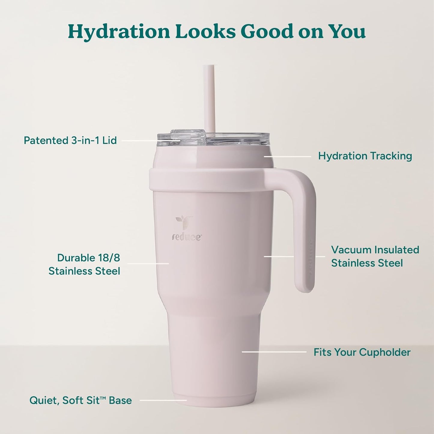 REDUCE 24 oz Stainless Steel Tumbler with Handle - Dual-Wall Vacuum Insulated Travel Mug, Sweat-Proof Lid & Reusable Straw - Keeps Drinks Cold for 24 Hrs, Fits Cupholders, Dishwasher Safe - Lilac Bud