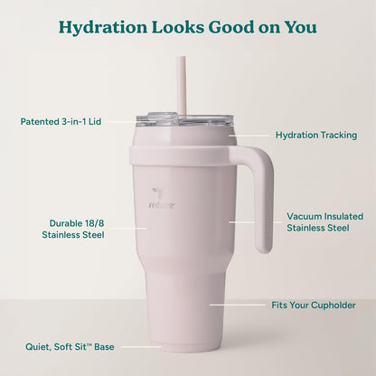 REDUCE 24 oz Stainless Steel Tumbler with Handle - Dual-Wall Vacuum Insulated Travel Mug, Sweat-Proof Lid & Reusable Straw - Keeps Drinks Cold for 24 Hrs, Fits Cupholders, Dishwasher Safe - Lilac Bud