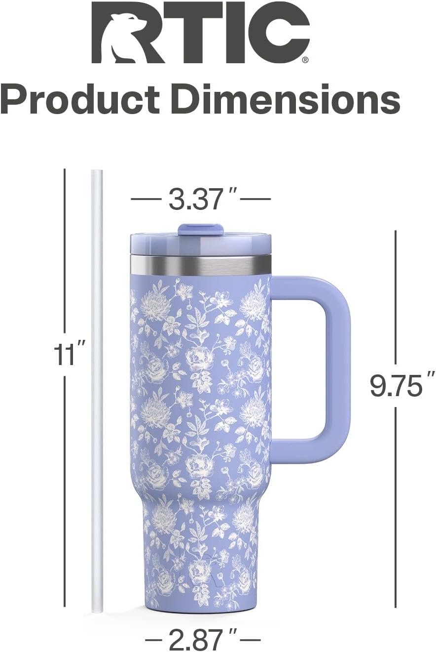 RTIC 30 oz Road Trip Tumbler Double-Walled Ceramic Lined InsulatedStainless Steel Portable Travel Coffee Mug Cup with Lid, Handle and Straw, Periwinkle Bouquet