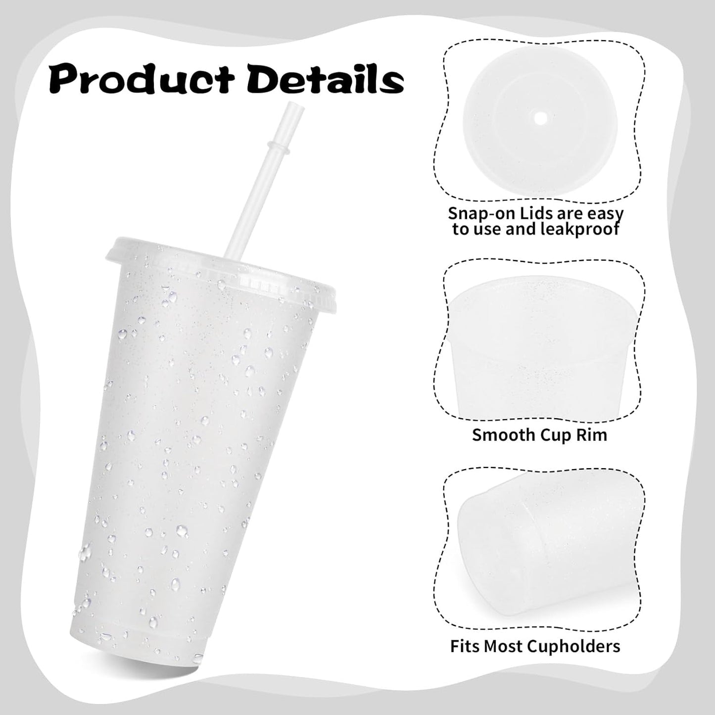 Hxezoc 16-Piece Reusable Cups with Lids and Straws, 24 oz Glitter Plastic Tumbler Iced Coffee Cups Travel Mug Cup for Smoothie Juices Beach or Bachelor Party (Black)