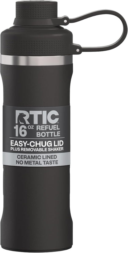 RTIC 24oz Refuel Water Bottle with Workout Protein Shaker, Insulated, Stainless Steel, Metal, Double Wall Vacuum-Insulation, Ceramic Lined, Leak-Proof Chug Lid, Tumbler, Black