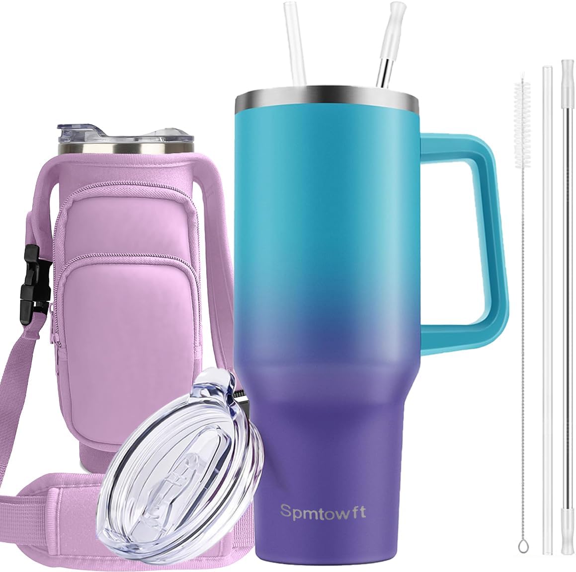 40oz Stainless Steel Double Vacuum Tumbler with Handle, Straw Lid, Carrier Bag, Purse Pouch Phone Pocket, Gym Water Bottle Travel Mug and Sleeve Holder for Men Women (Black)