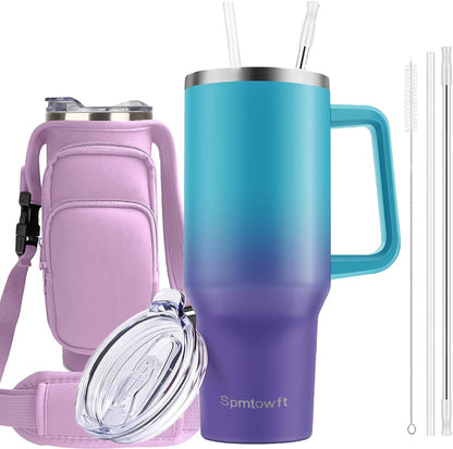 40oz Stainless Steel Double Vacuum Tumbler with Handle, Straw Lid, Carrier Bag, Purse Pouch Phone Pocket, Gym Water Bottle Travel Mug and Sleeve Holder for Men Women (Black)