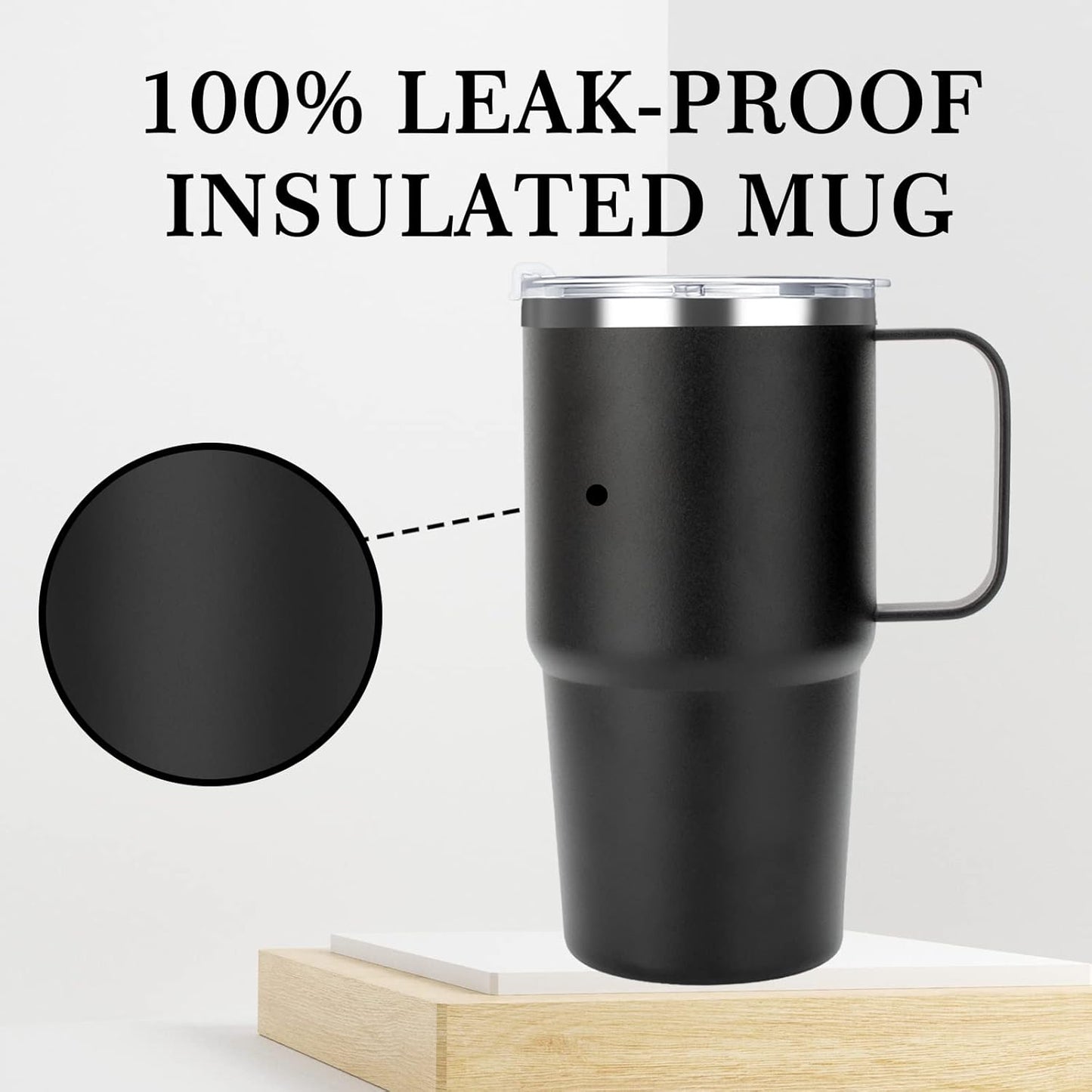Sursip Insulated Coffee Mug with Handle and Lid, 24 oz Double Wall Vacuum Travel Thermal Coffee Tumbler with Straw for Home, Office Stainless Steel Coffee Cup - Leak proof, BPA Free (Black-1 Pack)