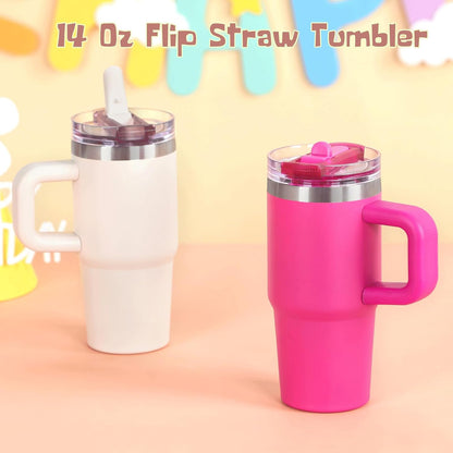 Cosictic 14 Oz Flip Straw Tumbler with Handle for Kids, Stainless Steel Double Wall Insulated Cup for Children with Flip Top Lid, 14 Oz Leak-proof Cups for Kids, Sky Blue and Purple