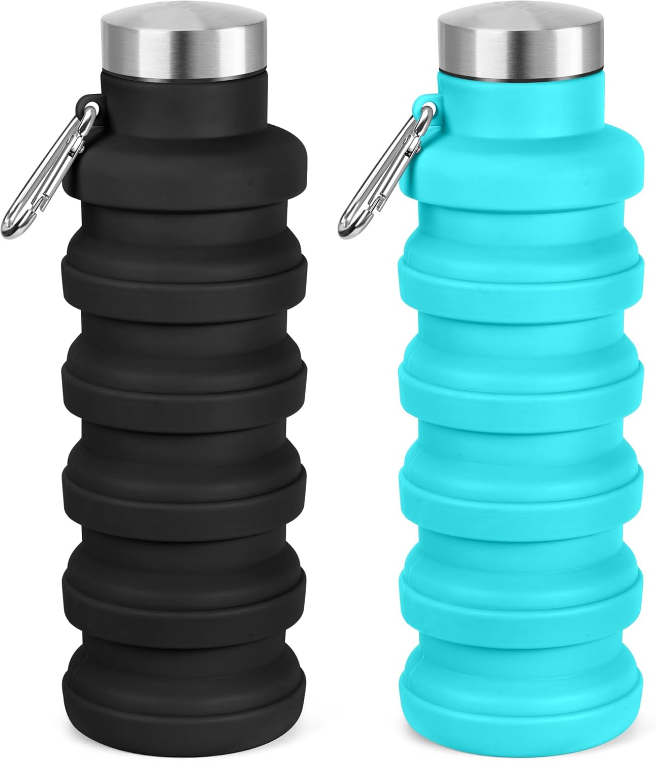 Collapsible Water Bottle, 16oz Portable Reusable Silicone Water Bottle, BPA-Free Leak-Proof Foldable Design with Carabiner, Lightweight Durable for Gym, Travel, Camping, Hiking, Sports, Black