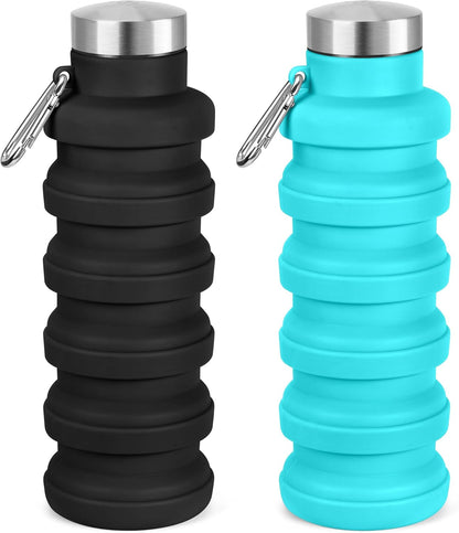 Collapsible Water Bottle, 16oz Portable Reusable Silicone Water Bottle, BPA-Free Leak-Proof Foldable Design with Carabiner, Lightweight Durable for Gym, Travel, Camping, Hiking, Sports, Black