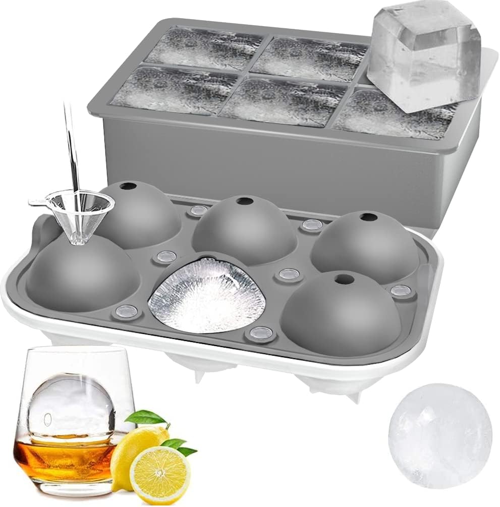 ROTTAY Ice Cube Trays (Set of 2), Sphere Ice Ball Maker with Lid & Large Square Ice Cube Maker for Whiskey, Cocktails and Homemade, Keep Drinks Chilled Black