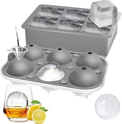 ROTTAY Ice Cube Trays (Set of 2), Sphere Ice Ball Maker with Lid & Large Square Ice Cube Maker for Whiskey, Cocktails and Homemade, Keep Drinks Chilled Black
