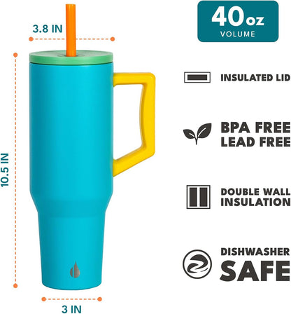 Elemental 32 oz 100% Leak Proof Tumbler with Handle & Straw - Stainless Steel Double Wall Insulated Tumbler for Hot and Cold Beverages - Travel Coffee Mug with Sip & Straw Lid - White - Colors A