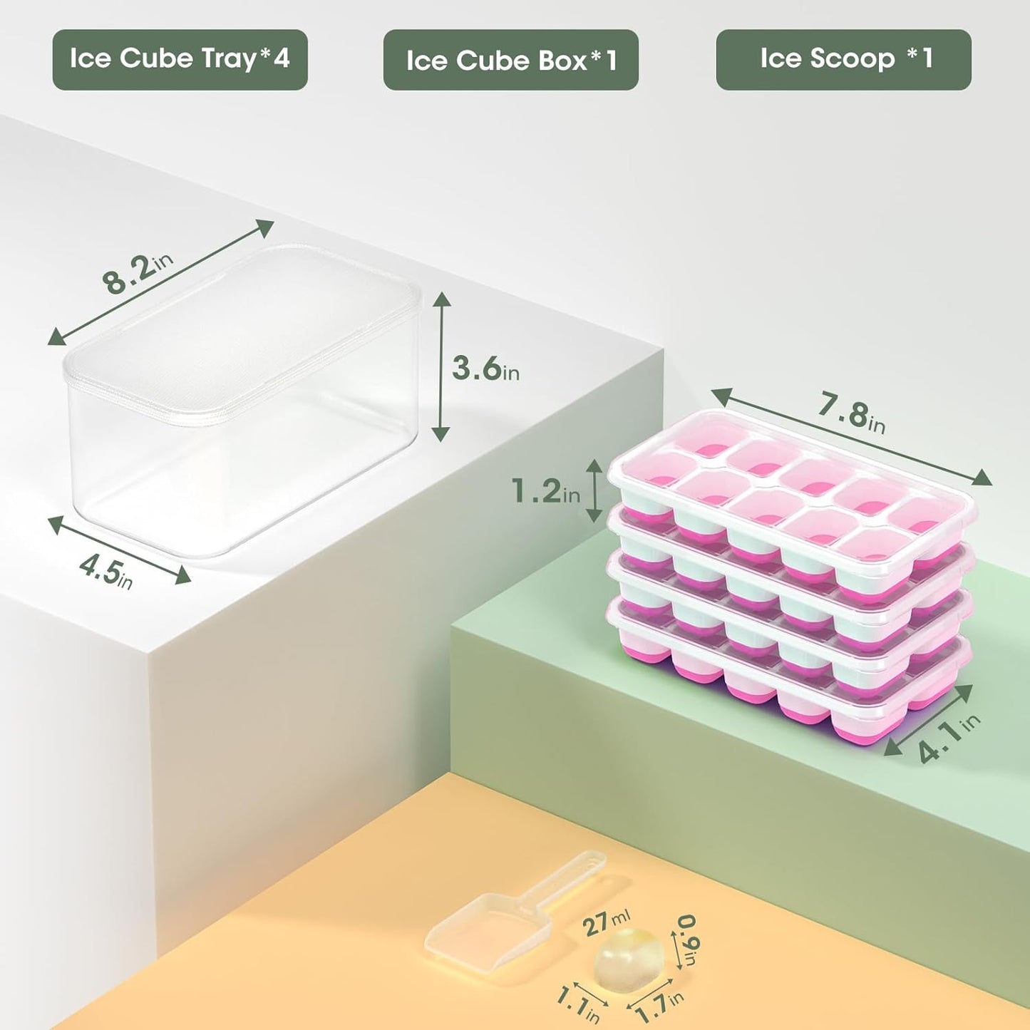 DOQAUS Ice Cube Tray with Lid and Bin - 4 Pack Silicone Ice Cube Trays for Freezer, Stackable Ice Bucket Kits with Storage Container & Scoop for Kitchen, RV, Cocktail, Coffee