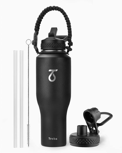 Trebo 40 oz Water Bottle Insulated Fit Car Cup Holder with Handle, Stainless Steel Water Bottles Tumbler with Spout Straw Lids, Double Wall Travel Reusable Flask, Leakproof Mug,Keep Cold &Hot,Black