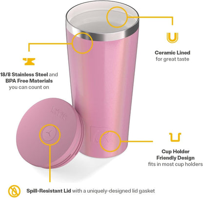 RTIC 20oz Everyday Tumbler Insulated Stainless Steel Portable Travel Coffee Cup with Straw, Ceramic Lining, Spill-Resistant Lid, BPA-Free, Hot and Cold Drink, Beach