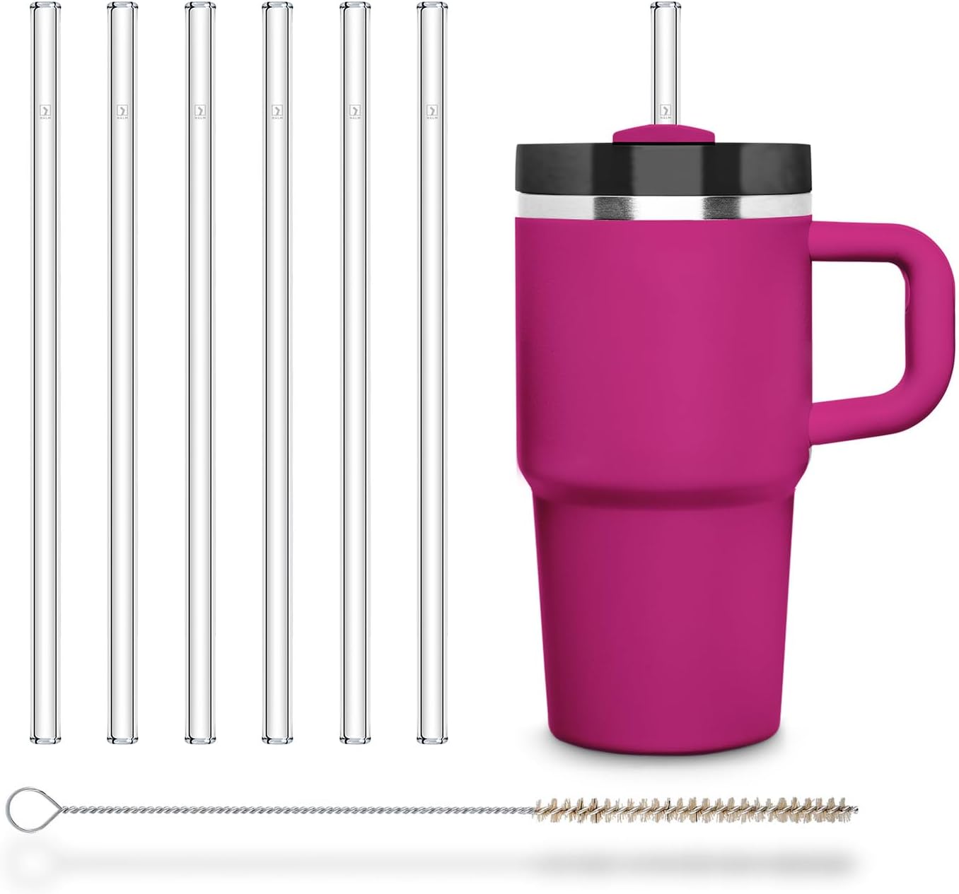 Halm Glass Straws - 6 Long 12 inch Bent Stanley Cup Replacement Drinking Straws + Plastic-Free Cleaning Brush - Perfect for Bottles & Quencher - Made in Germany - Dishwasher Safe - Eco-Friendly