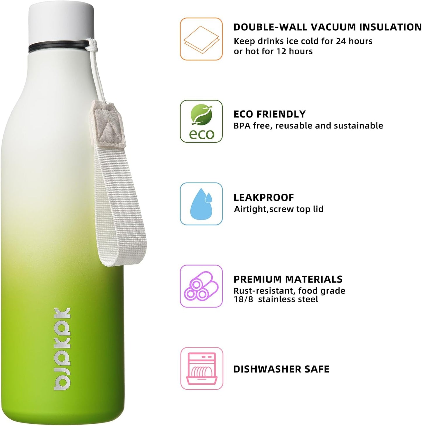 BJPKPK Insulated Water Bottles, 18 oz Stainless Steel Metal Water Bottle with Strap, BPA Free Leak Proof Jugs, Mugs, Flasks, Reusable Thermal Flasks for Sports & Travel, Black - Colors B