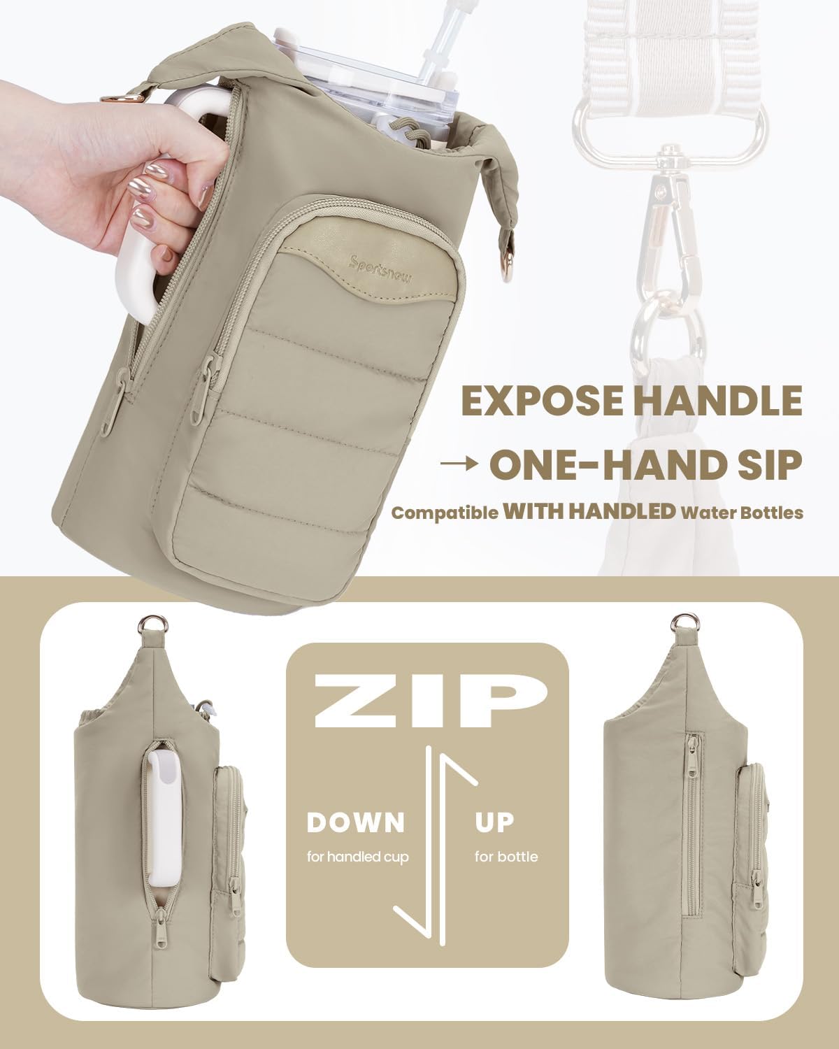 sportsnew Water Bottle Holder, Crossbody Insulated Cup Sleeve for 30oz/40oz Tumbler with Handle, Puffy Carrier Bag with Phone & RFID-Blocking Card Pocket & Drawstring Closure for Quick Access